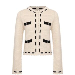 818•Cream Knit Cardi w/Scallop Edge Black Trim Details & Enamel Flower Buttons